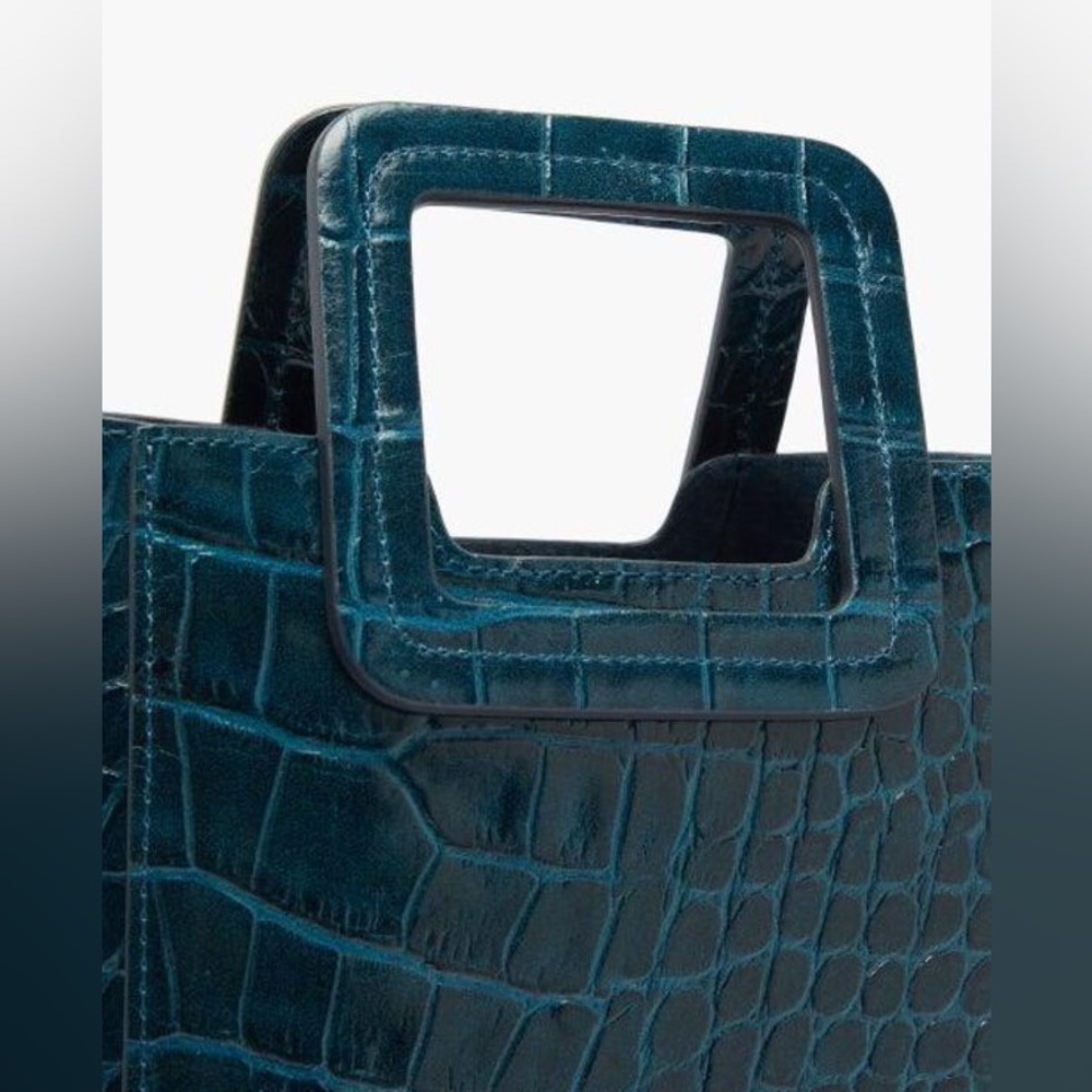 STAUD Croc-Embossed Teal Green Leather Tote with Adjustable Strap - Picture 11 of 12